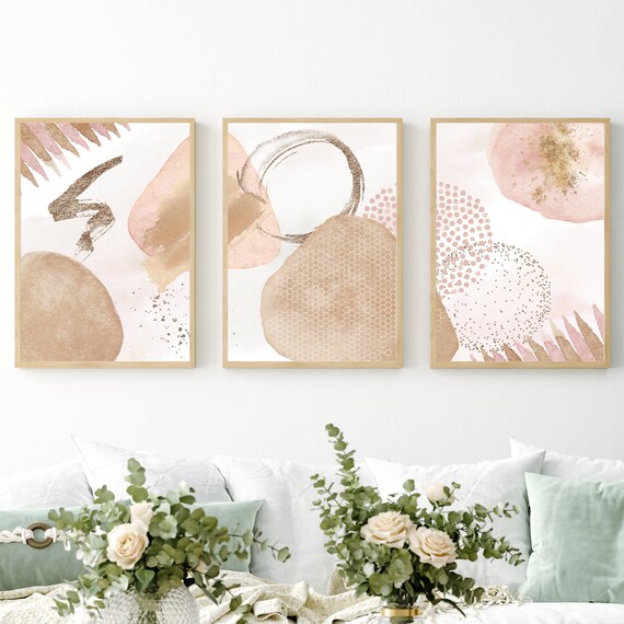 Abstract Wall Art Pink Beige Gold Watercolour Shapes Etsy