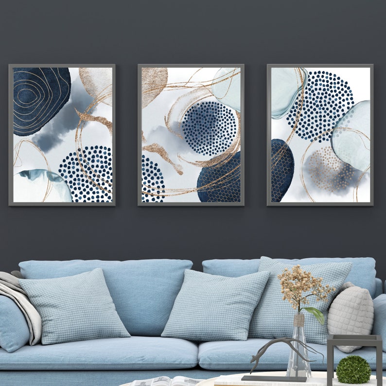 Abstract Wall Art Navy Blue Gold Watercolour Shapes Printable Etsy