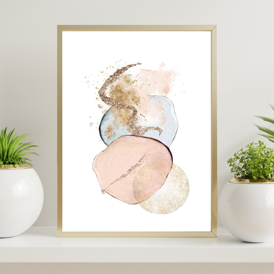 Abstract Wall Art Pink Blue and Gold Watercolour Shapes Etsy