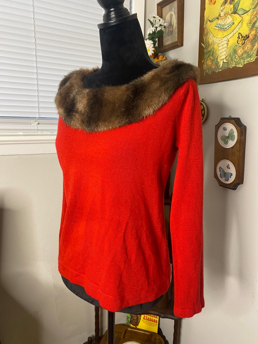 90s Red Sweater With Fake Fur Collar Small Etsy