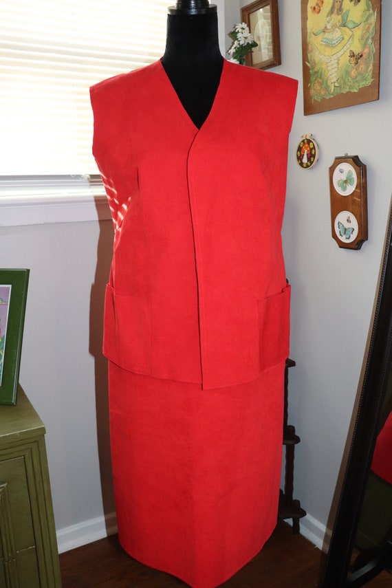 70s Red Orange Suede Skirt Vest Set- Medium
