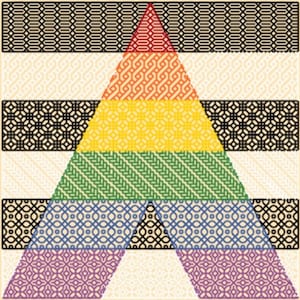 May include: A colorful geometric pattern in the shape of a triangle. The triangle is made up of six different colors: red, orange, yellow, green, blue, and purple. Each color is a different pattern.