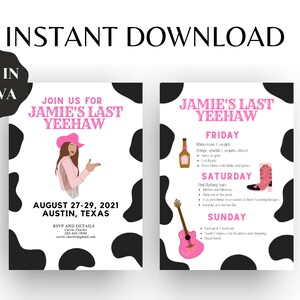 PINK Editable Western Bachelorette Invite & Itinerary Template | Western, Cowgirl, Yeehaw, Hoedown