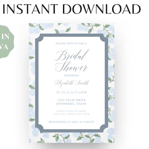 Editable Blue Hydrangea Bridal Shower Invitation Template | Digital Download | Bridal Shower, Floral, Classic, Timeless, Blue