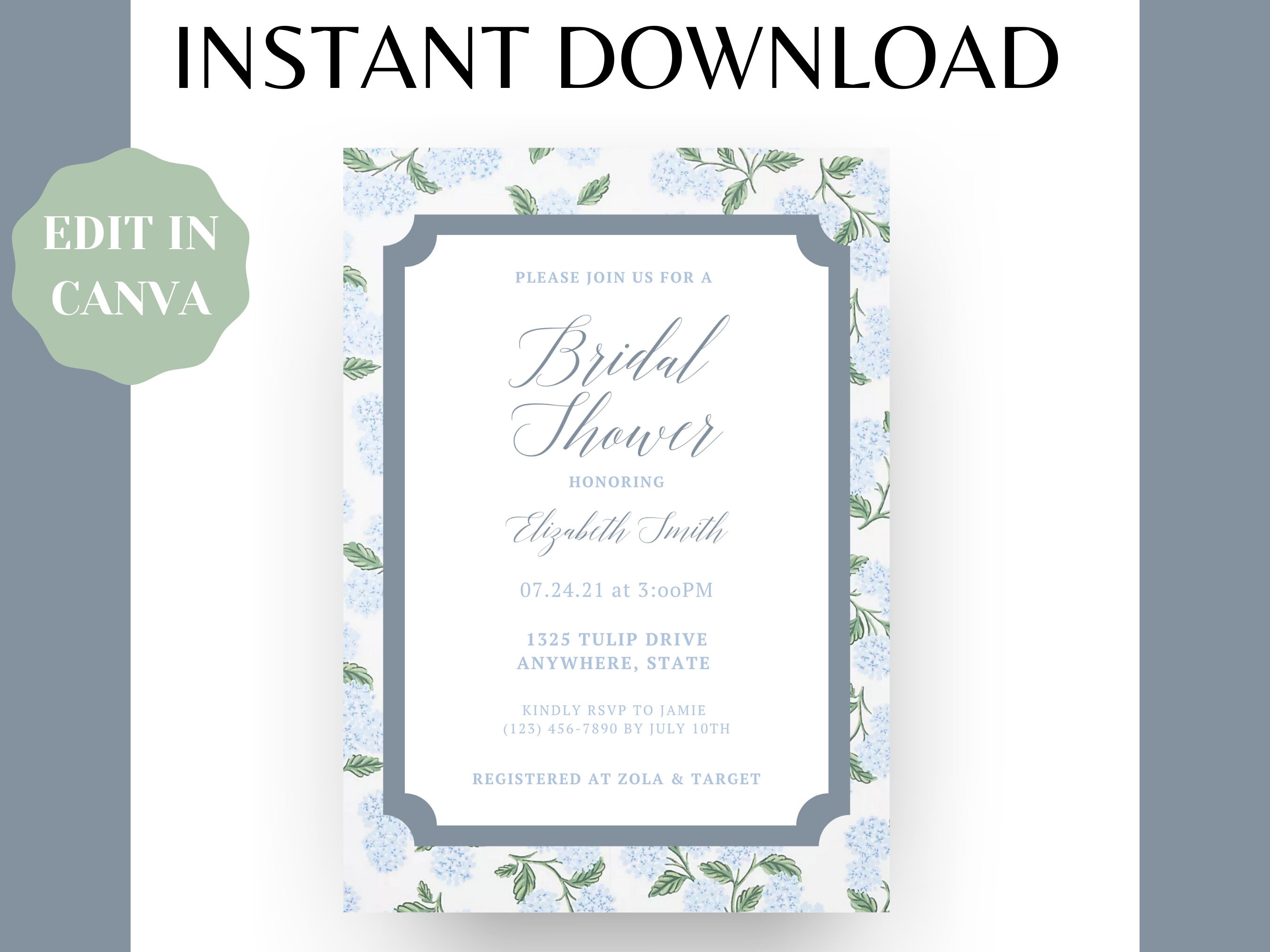 Editable Blue Hydrangea Bridal Shower Invitation Template | Digital Download | Bridal Shower, Floral, Classic, Timeless, Blue