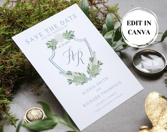 Editable Blue Watercolor Crest Save the Date Invitation Template | Classic, Timeless, Monogram, Floral, Blue, Green