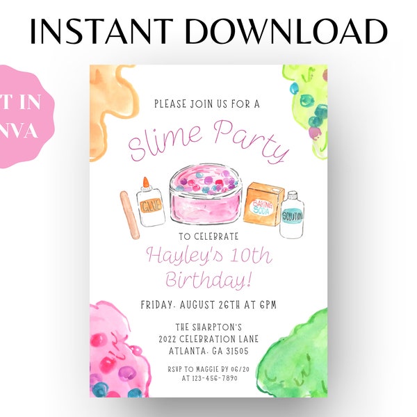 Editable Watercolor Slime Party Birthday Invitation Template | Digital Download | Slime, Colorful, Rainbow