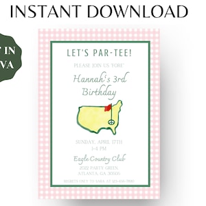 Editable Masters Party Birthday Invitation Template | Digital Download | Augusta, Golf, Gingham, Pink