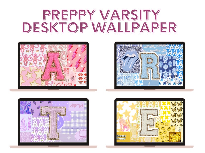 High Resolution Preppy Glitter Varsity Initial Patch Desktop Wallpaper Bundle| Aesthetic Trendy Artsy Colorful Collage | Bright Happy | 