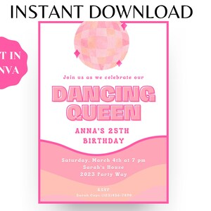 Bewerkbare roze Dancing Queen Retro Birthday Party uitnodiging | Direct downloaden | Groovy Retro jaren '70 Disco Verjaardagsfeestje Verjaardag Elke leeftijdsfeest