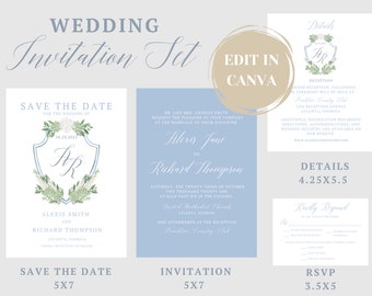 Editable Blue Watercolor Crest Wedding Invitation Set Template |Save the Date, Invitation, RSVP, Details|Classic, Timeless, Monogram, Floral
