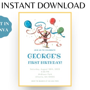 Editable Watercolor Curious George Party Birthday Invitation Template | Digital Download | Classic, Simple