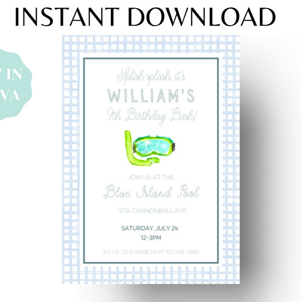 Editable Pool Party Birthday Invitation Template | Digital Download |  Blue, Green, Goggles