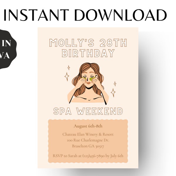 Editable Spa Weekend Birthday Invitation Template | Digital Download | Galentines, Weekend Getaway, Girls Weekend, Spa Trip, Massage, Facial
