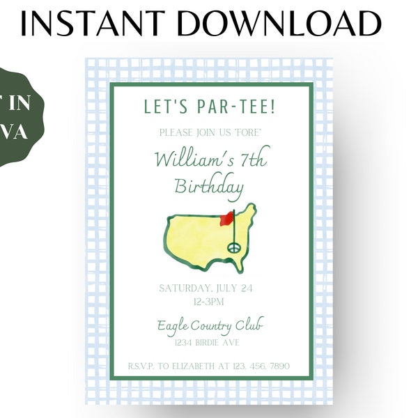 Editable Masters Party Birthday Invitation Template | Digital Download | Augusta, Golf, Gingham