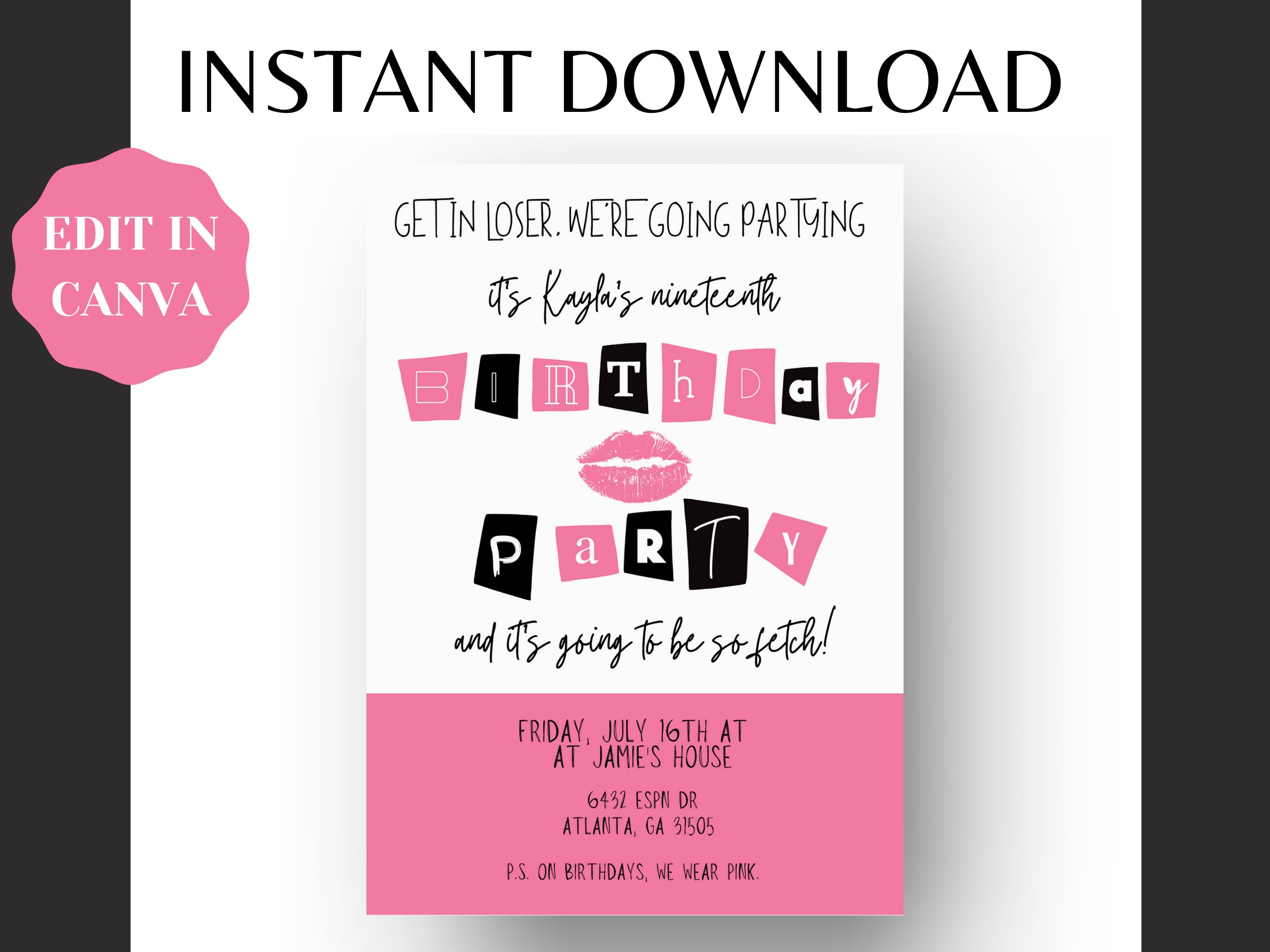 Mean Girls Birthday Party Invitation Printable Instant Download