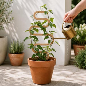 Puede incluir: Una maceta de terracota con una planta trepadora verde sostenida por un enrejado de madera clara con un diseño ondulado y sinuoso. Una regadera de metal dorado vierte agua sobre la planta, que está plantada en un recipiente de arcilla.