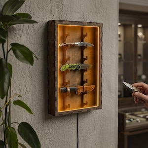Può includere: Una bacheca rettangolare in legno da parete con retroilluminazione a LED calda integrata. L'interno presenta supporti verticali dentellati che sostengono tre coltelli: uno con lama metallica, uno con manico verde a motivi e uno con fodero in pelle marrone.