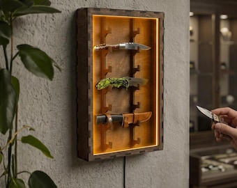 Handmade Wooden Knife Display Case with LED Lighting, Wall Mounted Holder