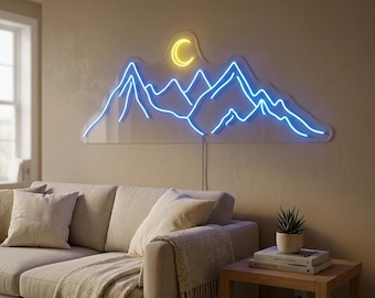 Mountain Neon Sign, Blue Peaks, Yellow Moon, LED Wall Decor