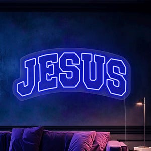 Znak neonowy z Jezusem, Sztuka świetlna z Jezusem, Znak prowadzony przez Jezusa, Dzieło sztuki z Jezusem Chrystusem, Chrześcijański znak neonowy, Neonowe znaki religijne, Dekoracja ścienna z Jezusem