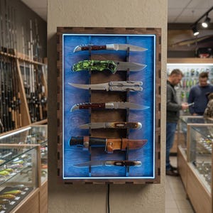 May include: A rectangular wooden wall display case with blue LED backlighting, holding seven knives arranged vertically. The collection includes folding knives with wood and patterned handles, a multi-tool, and a fixed-blade knife in a leather sheath.