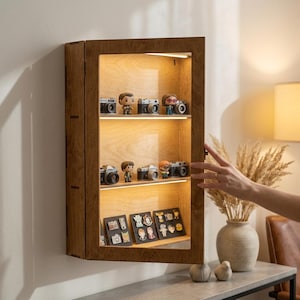 Wood Display Cabinet with Glass Door, LED Collectibles Display Shelf, Wall Hanging Display Case, Custom Wood Display Cabinet