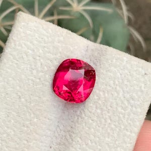 Peut inclure: Une pierre précieuse rouge vif, taillée en coussin. Elle est présentée sur une surface blanche et texturée, avec un arrière-plan flou d'une plante verte à épines blanches. Les facettes de la gemme captent la lumière.