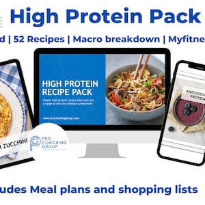 Paquete alto en proteínas, Plan de alimentación proteico, Listas de compras de proteínas, Planificador de comidas, Pérdida de peso, Pérdida de grasa, Ganancia muscular, Regalos de fitness