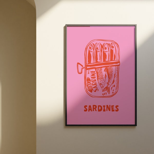 Sardines Print, Vintage Food Print, Seafood Print, Retro Food Art, Modern Kitchen Art, Trendy Pink Print, Pink Food Poster, Kitchen Art