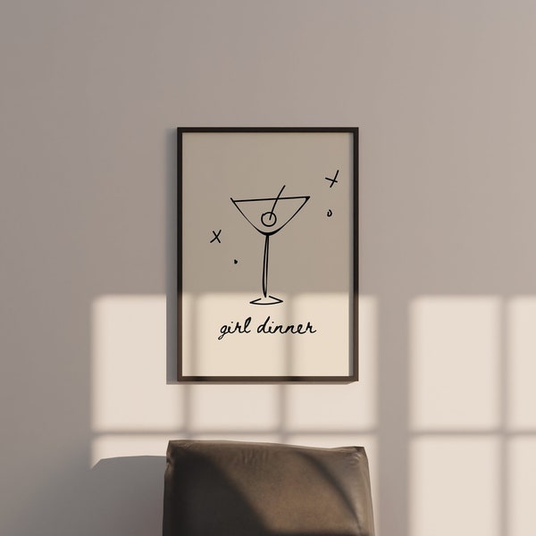 Girl Dinner Art-Digital Download-Martini Art-Retro Print-Cheers Print-Trendy Art-Minimalist Art Print-Girly Art-Cocktail Art-Bar Cart Art