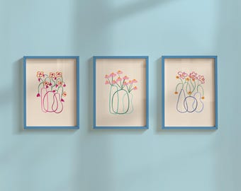 Gallery Set of 3, Bouquet of Flowers, Art Prints Floral, Colorful Print, Girls Bedroom, Floral Gift Idea, english cottage gallery wall