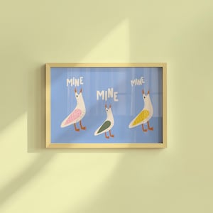 Lustige Möwe Druck, niedlichen Strand Poster, Meer Wandkunst, trendige Küsten Dekor, niedlichen Strand Haus Dekor digitaler Download, blau Strand Kunst
