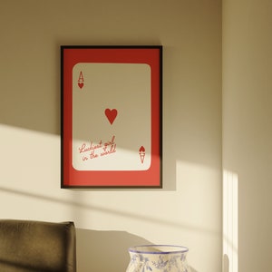 Ace of Hearts, Lucky Girl Quote, Retro Card Posters, Lucky Girl Syndrome Art, Trendy Wall Art, Aesthetic Print, Dorm Art, Ace of Hearts Art