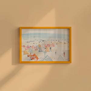 Beach Painting, Classic Art Print, Multi Color Beach Seascape Painting, Beach Wall Art, Red and Blue Prints, Digital Download