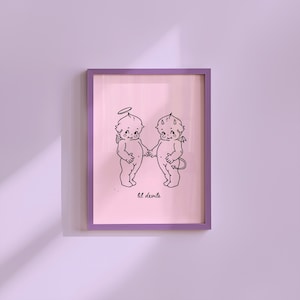 Arte de dibujos animados de Lil Devil, arte digital, arte de diablo rosa, decoración de pared retro, arte de pared divertido, arte de dibujos animados vintage, decoración femenina Y2K, arte de pared Kewpie