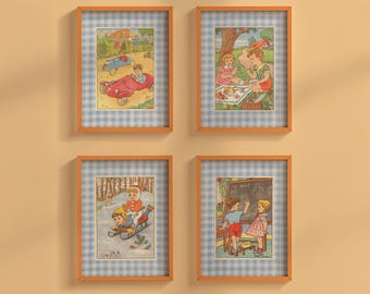 Vintage Blue Nursery Art Print Set for Boys Room Decor - Digital Download