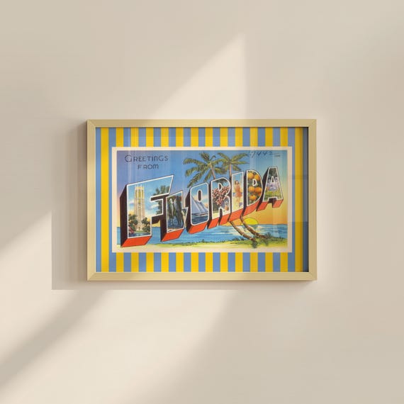 Florida Wall Art Print Digital Download Florida Poster Retro Travel Prints Florida Dorm Decor Horizontal Florida Photo Striped Blue Art