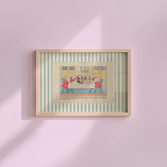 Vintage Bunny Art Print - Pink and Blue Kids Room Decor