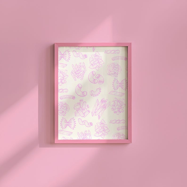 Pasta Art Print, Digital Download, Wall Art Print,Digital Food Art Print,Trendy Wall Art Print,Kitchen Wall Art Print, Pink Kitchen Decor