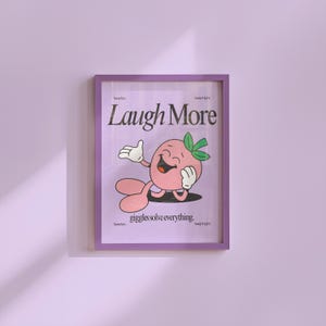 Laugh More Kunstdruck, süßes Retro Poster, Erdbeer Cartoon, Klassenzimmer Dekor, Funky Groovy Illustration, minimalistischer Retro-Stil