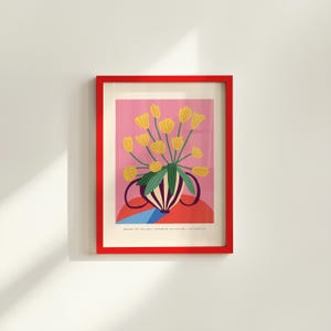 抽象的な花のアート、壁のアートプリント、黄色いチューリップのポスター、デジタルダウンロード、ピンクの花のアートプリント、デジタルプリント