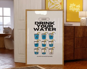 Drink Your Water-Digital Prints-Retro Art Quote-Drink Art-Kitchen Art Print-Kitchen Art-Water Funny Art-Water Cartoon Print-H2O Art