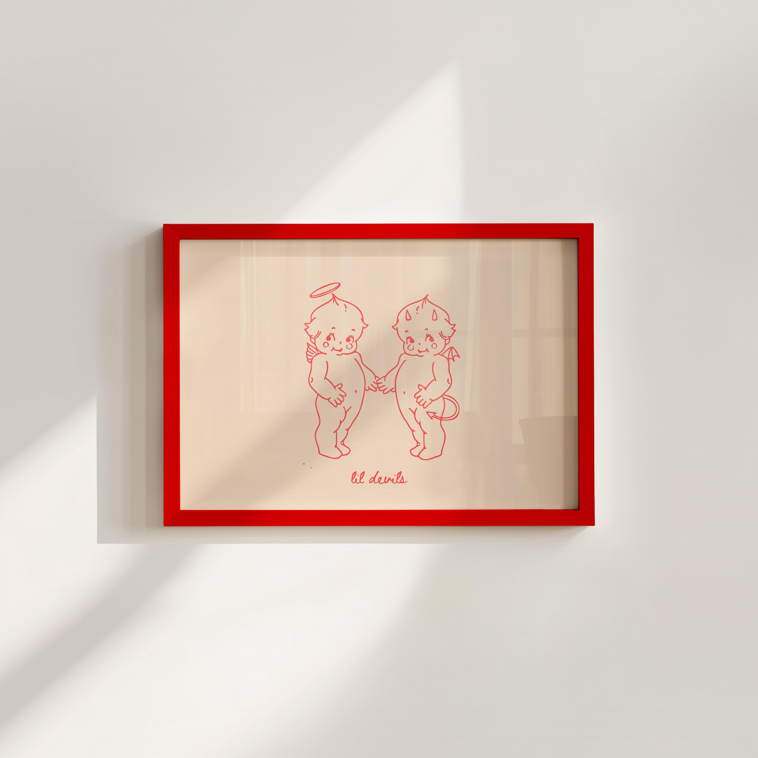 Lil Devil Cartoon Art, Digital Art, Cute Angel Devil Art, Retro Decor, Funny Wall Art, Vintage Cartoon Art, Y2K Girly Decor, Kewpie Wall Art