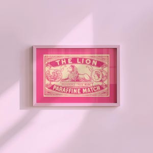 Impresión artística vintage de la caja de cerillas Pink Lion (descarga digital, 5 JPEG de alta calidad para varios tamaños)