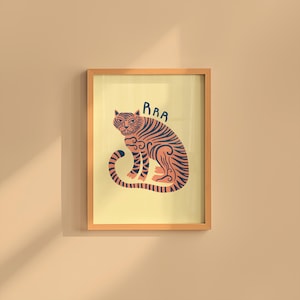 Arte de tigre, impresión de arte animal, estampados de animales de moda, decoración de habitaciones para niños, descargas digitales, arte de tigre crudo, arte de pared preppy, carteles amarillos para niños