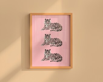 Impression de tigre rétro : art animalier rose tendance (téléchargement numérique)