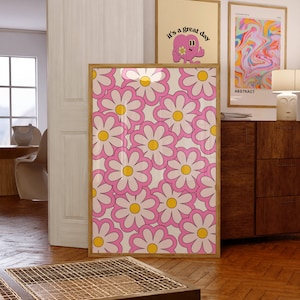 Pink Groovy Flowers, Pink Art Print, Retro Flowers Art Print, Retro Pink Poster, Girls Room Art Print, Digital Download