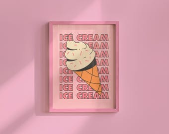Retro Ice Cream Cone Art Print: Pink Kitchen Decor (Digital Download)