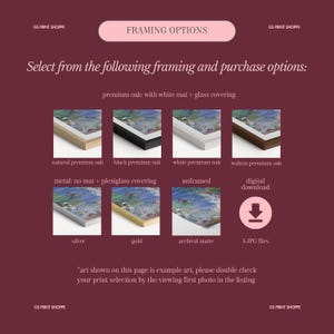 May include: An image showcasing framing options for artwork, including natural, black, white, and walnut premium oak frames, silver and gold metal frames, and archival matte. Text reads "Framing Options" and "Select from the following framing and purchase options:"